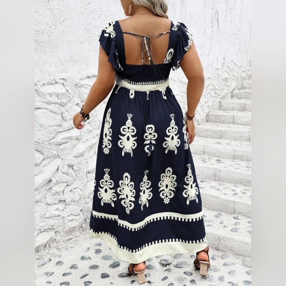 Chic Boho Navy and Cream Embroidered Maxi Dress Plus SIZE 20